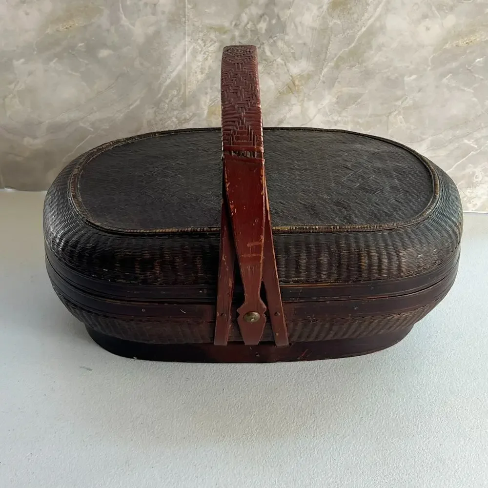Oriental Chinese Food Bridal Lidded Wicker Bamboo Basket With Handle
